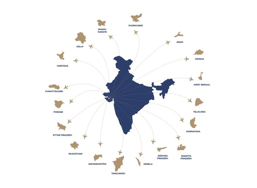 Map of India showing cities served by Prism Rail, an aluminium railing manufacturer in India — Mumbai, Delhi, Bangalore, Chennai and 50+ more cities